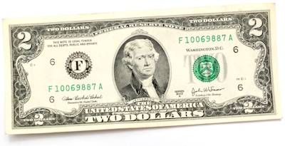 two dollar bill on a white background