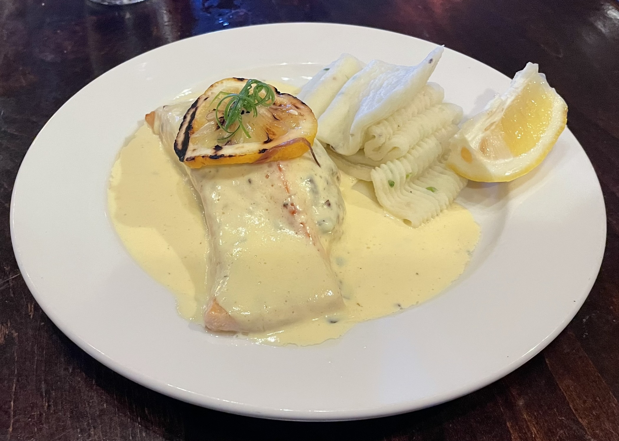 Stuffed Salmon Fillet at Carvers Steak and Seafood restaurant:  crab stuffed, bearnaise sauce, shallot mashed potatoes