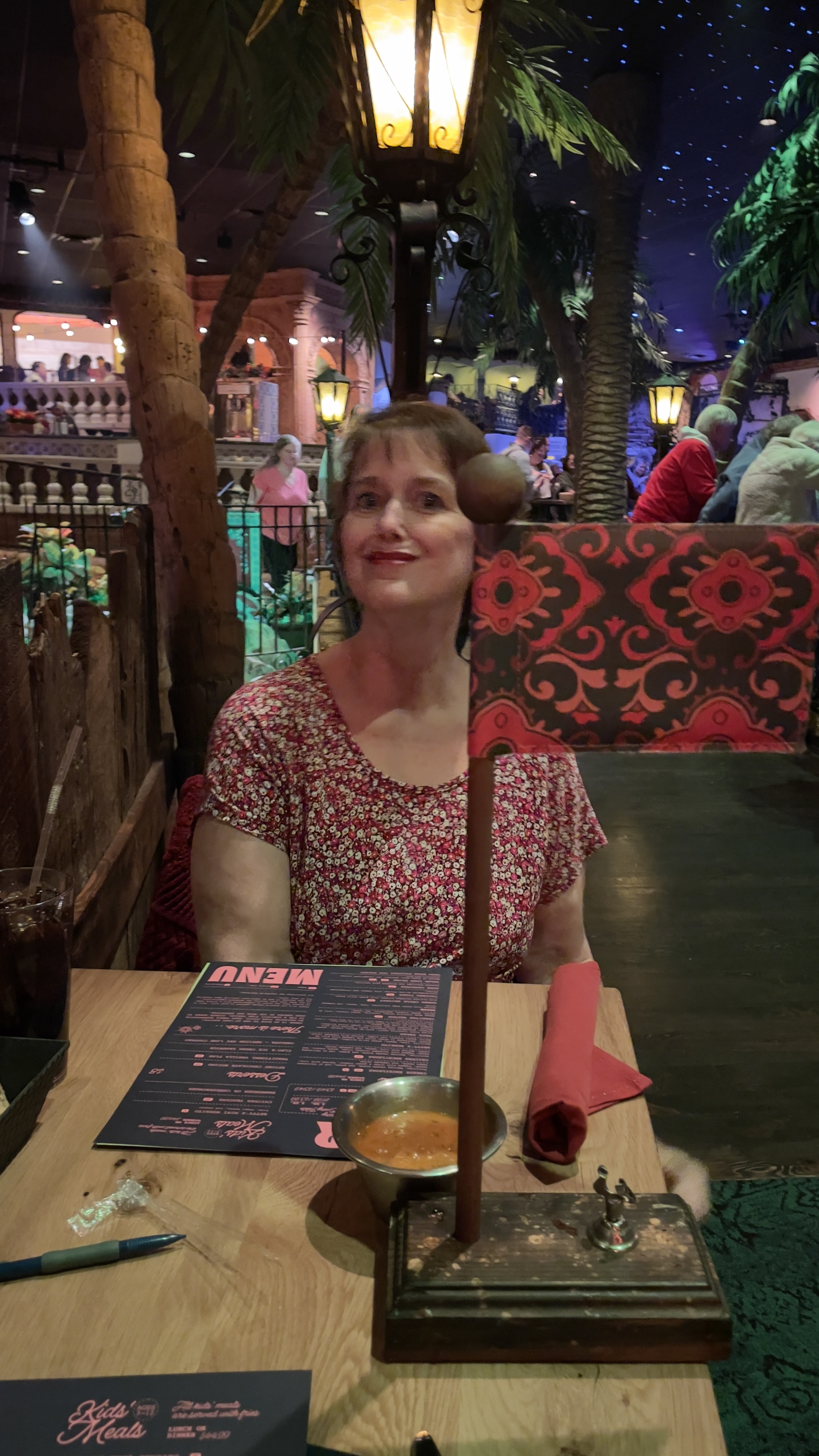 Kathy raises the service flag to get the waitress’s attention at Casa Bonita.