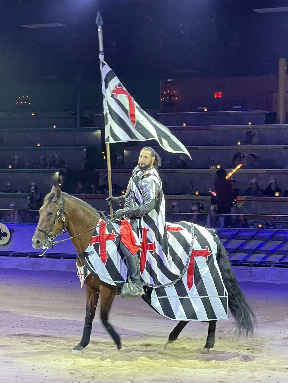 The Black and White Knight on his horse at Medieval Times in Buena Park, California