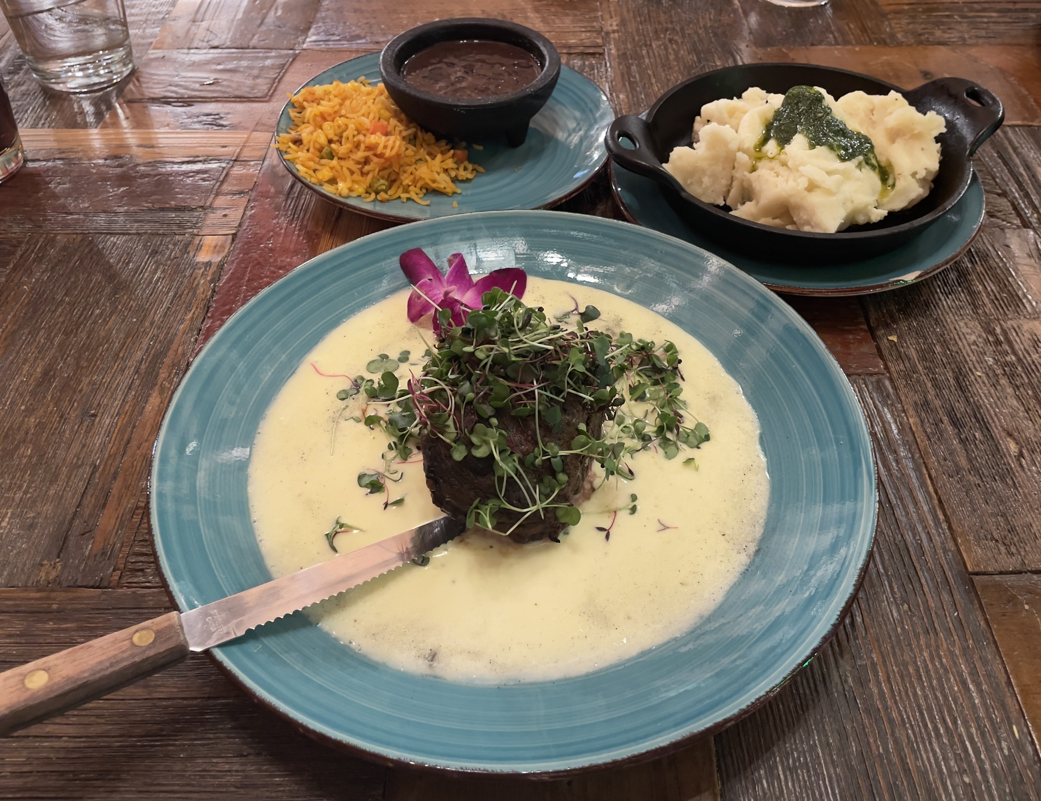 Filet Mignon Catrina at Mi Buena Vida.  8-oz. filet mignon with Cotija sauce and garlic mashed potato.