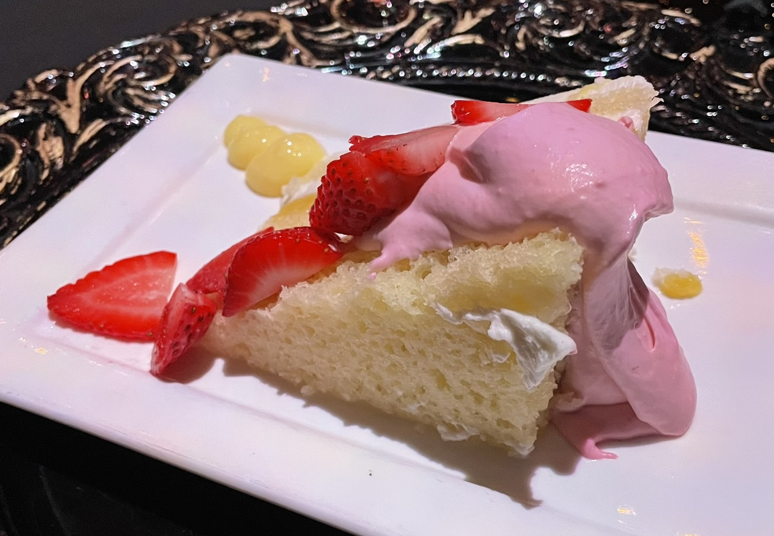 Lemon cake with strawberry-mascarpone mousse at Mystique Dining at Gardner Village