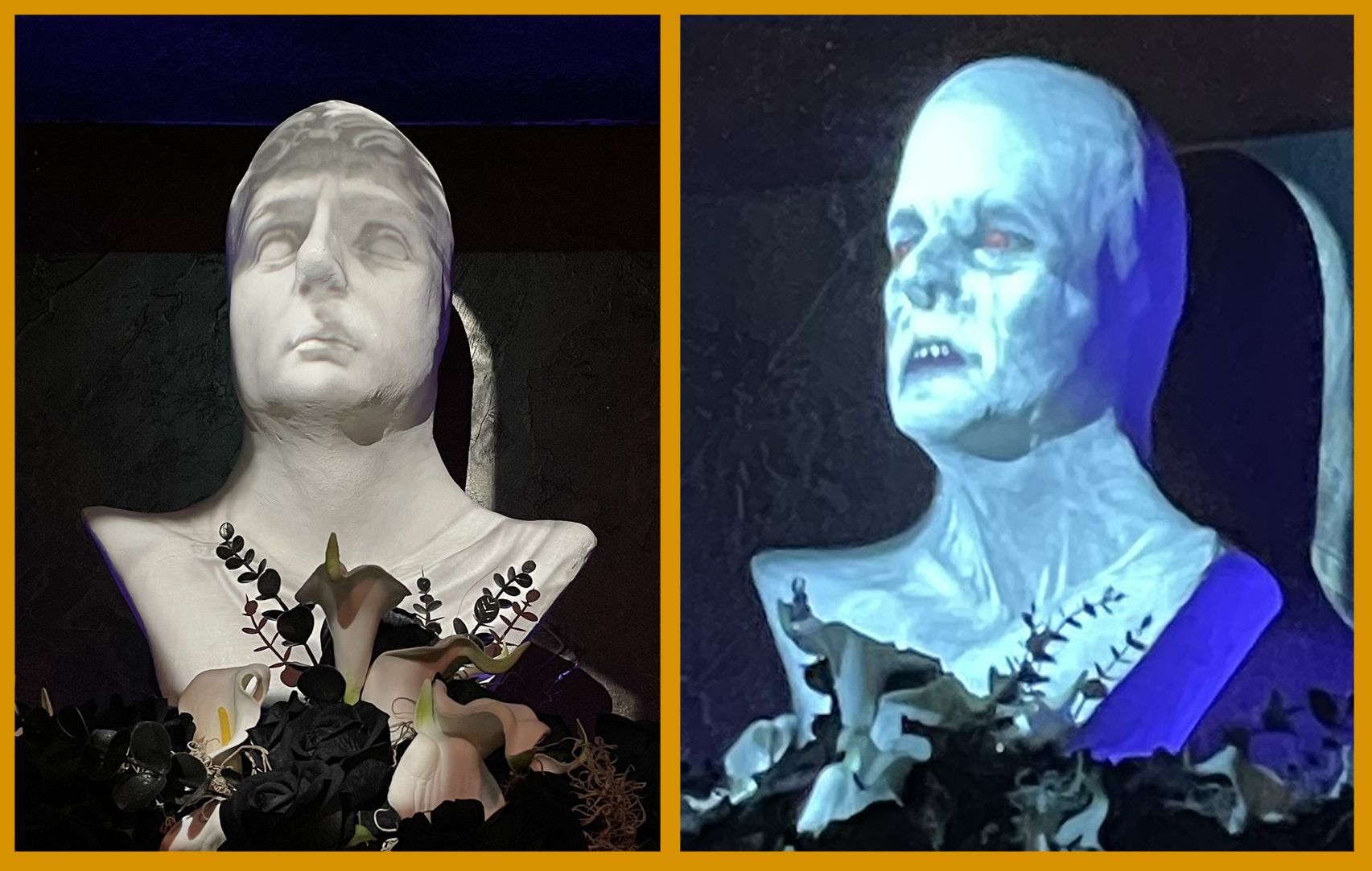 A plaster bust comes to life at Mystique Dining at Gardner Village