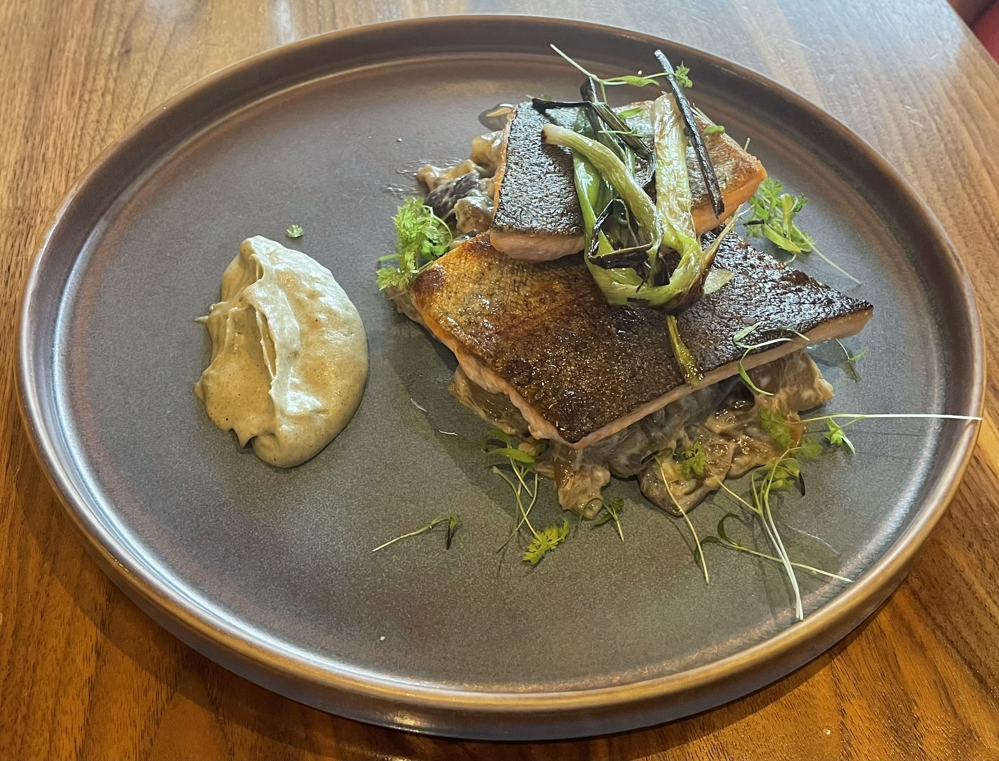 Red Trout at Oquirrh restaurant:  Eggplant, Caramelized Cipollini Onion, Local Green Beans, Anchovy Dressing, Smoky Eggplant Purée