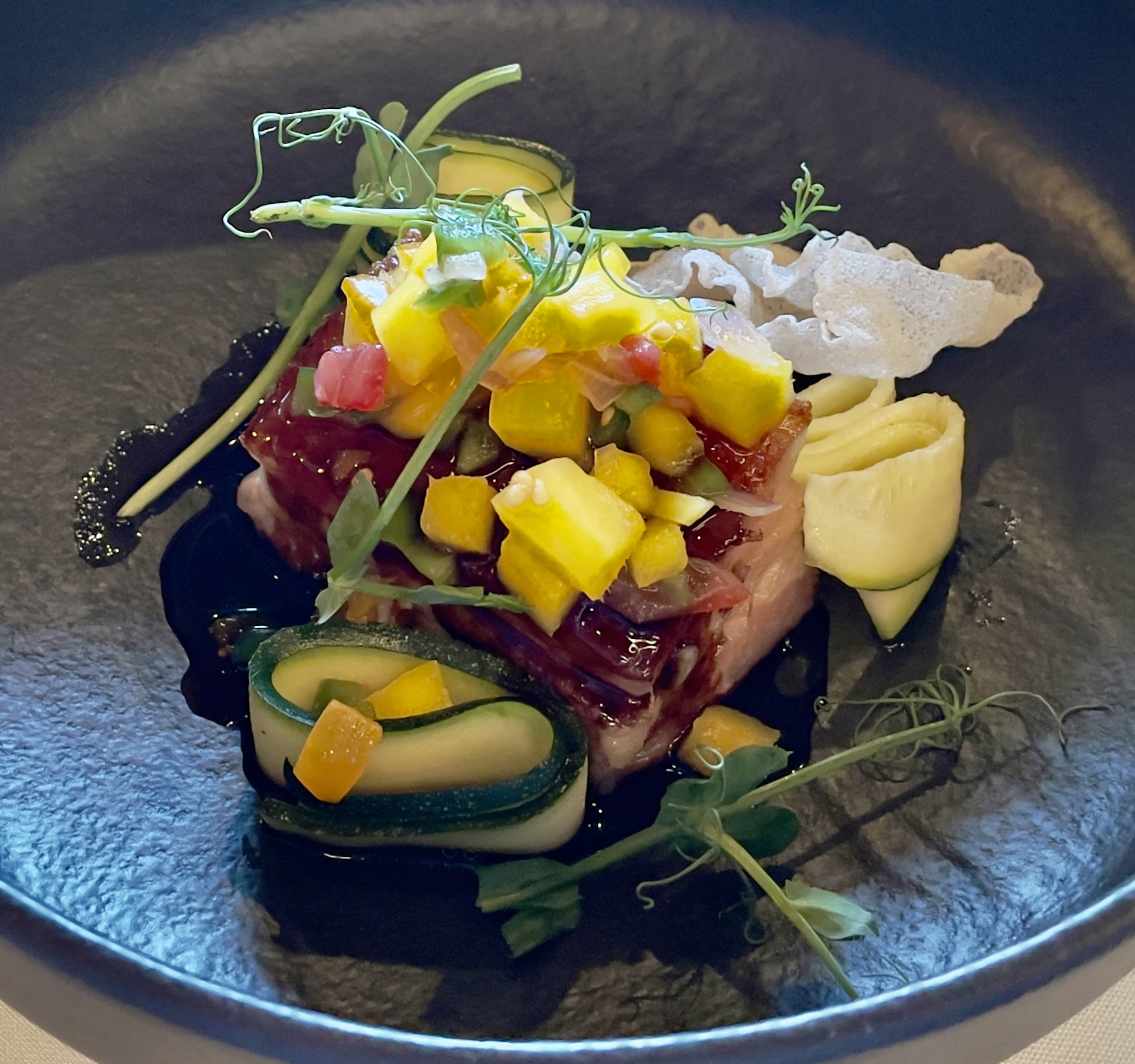 Pork Belly at the Tree Room: Korean BBQ sauce, mango salsa, pickled zucchini, rice paper.