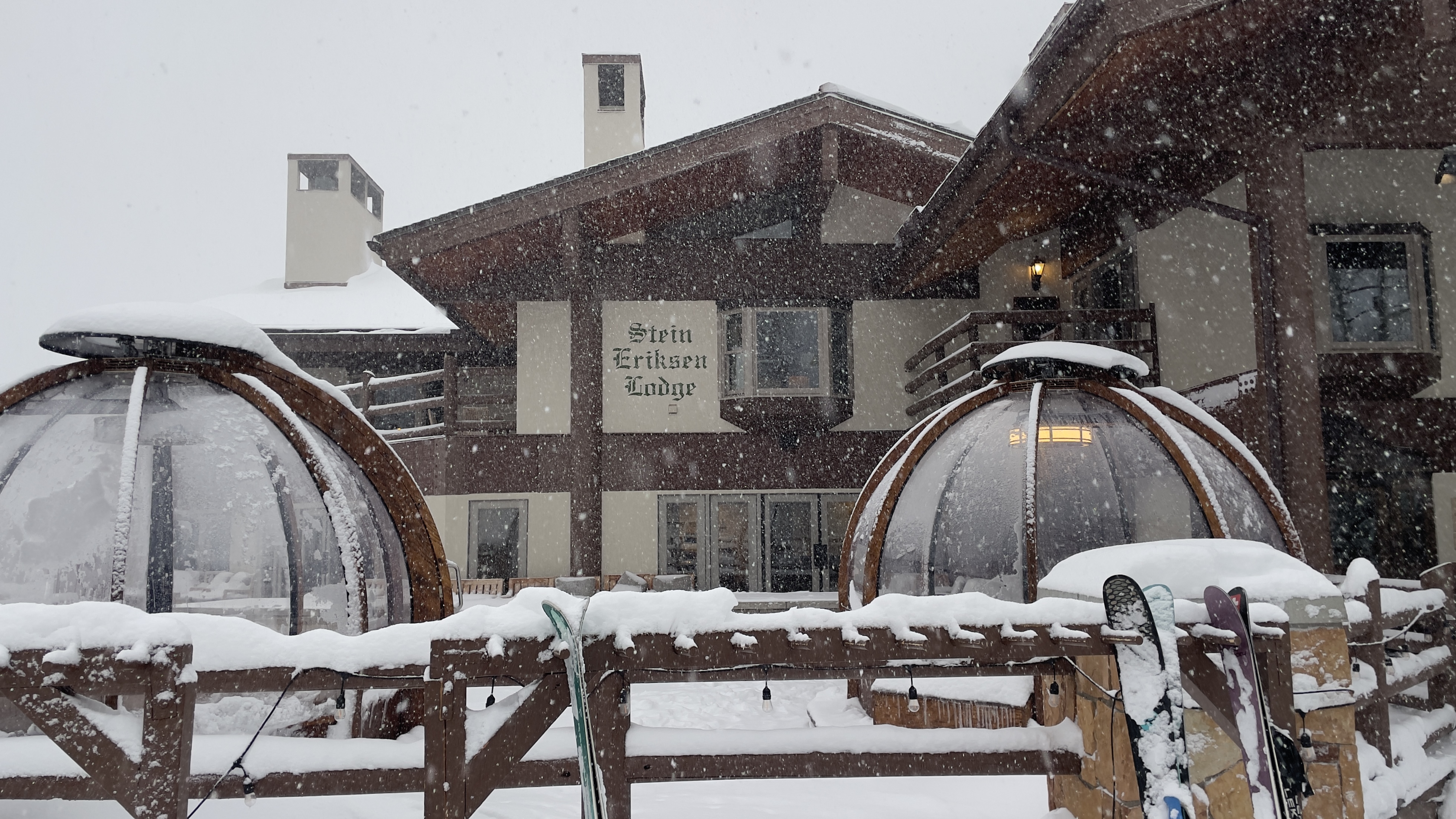 Snow falls on the Stein Eriksen Lodge, a luxury condominium hotel in Deer Valley, Utah.