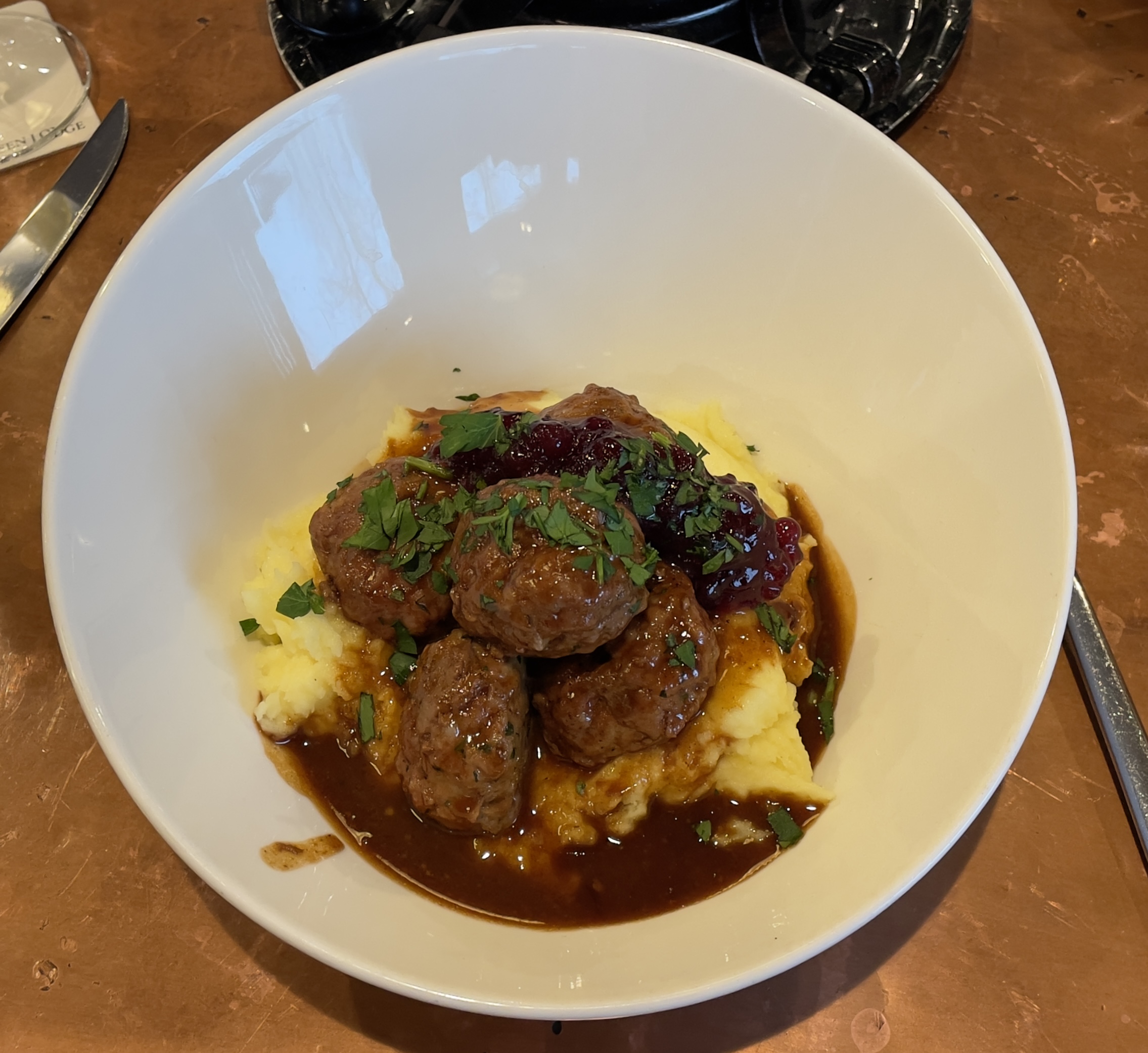 Swedish Meatballs & Mashers at the Troll Hallen Lounge:  Chef Zane’s grandother’s recipe, lingonberry jam.