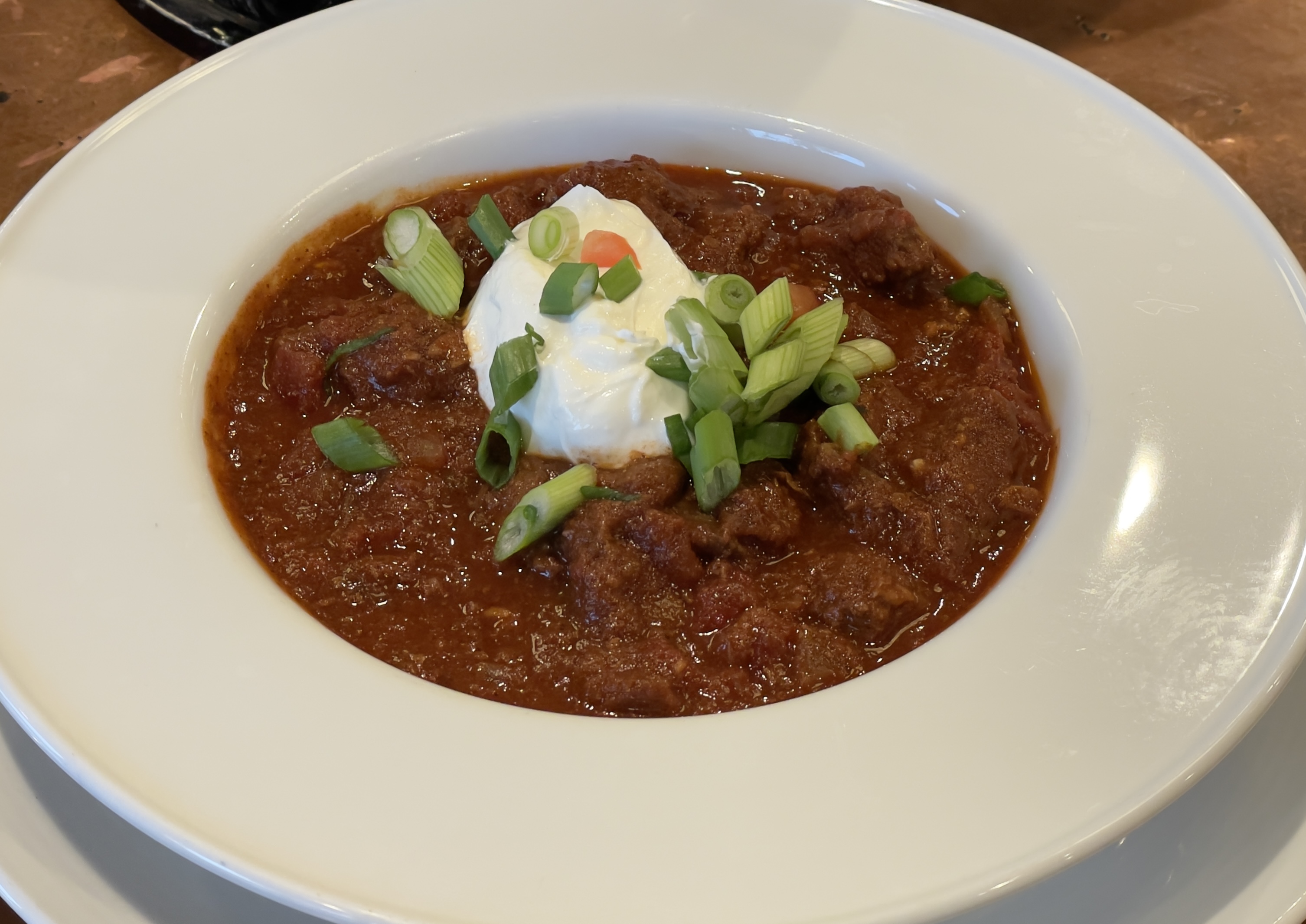 Stein Eriksen Lodge Wild Game Chili:  buffalo, elk, wild boar, a bit of spice.