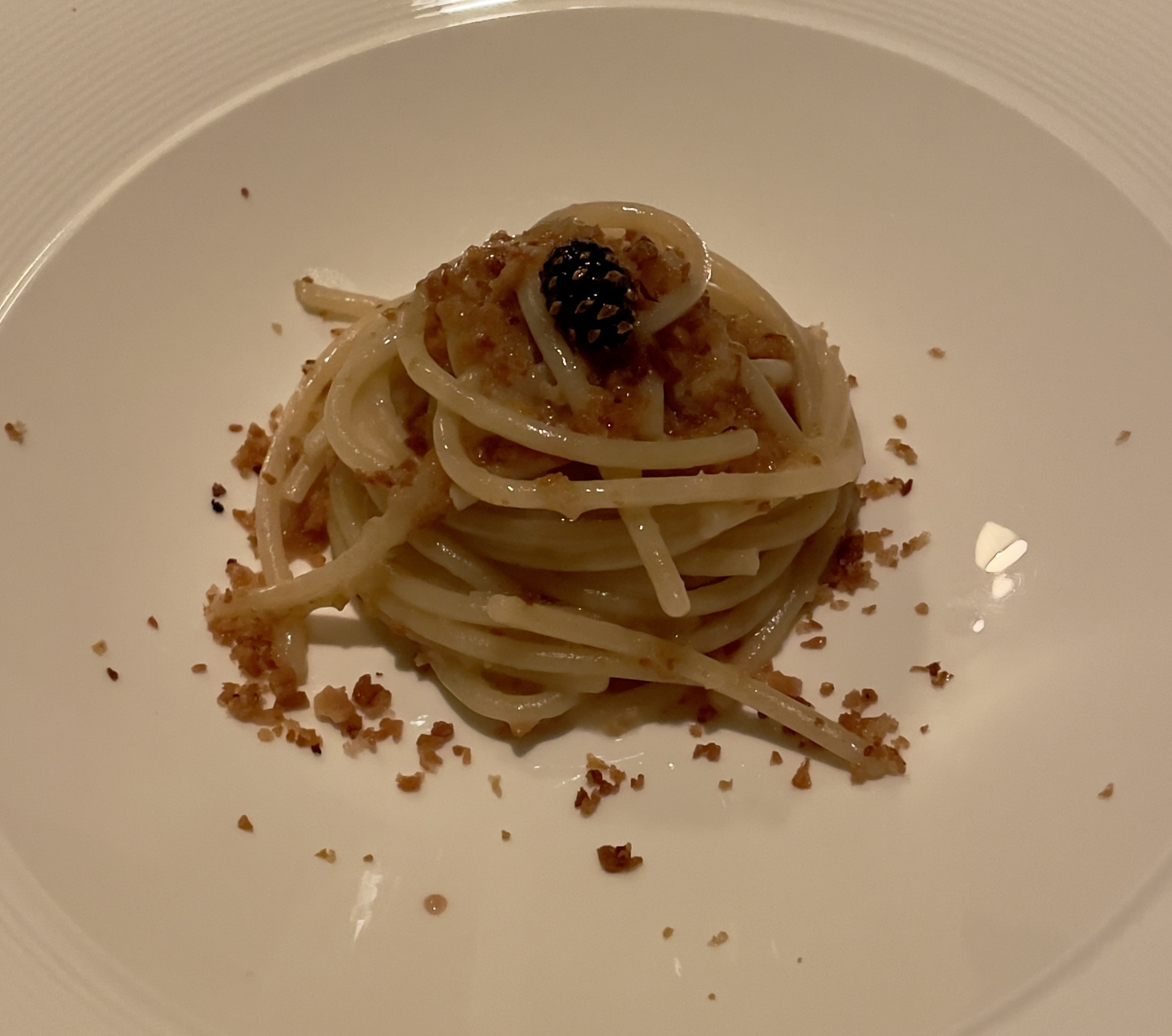 Spaghetti di Gragnano with pinecone extract and bread crumbs at Veneto Ristorante Italiano.