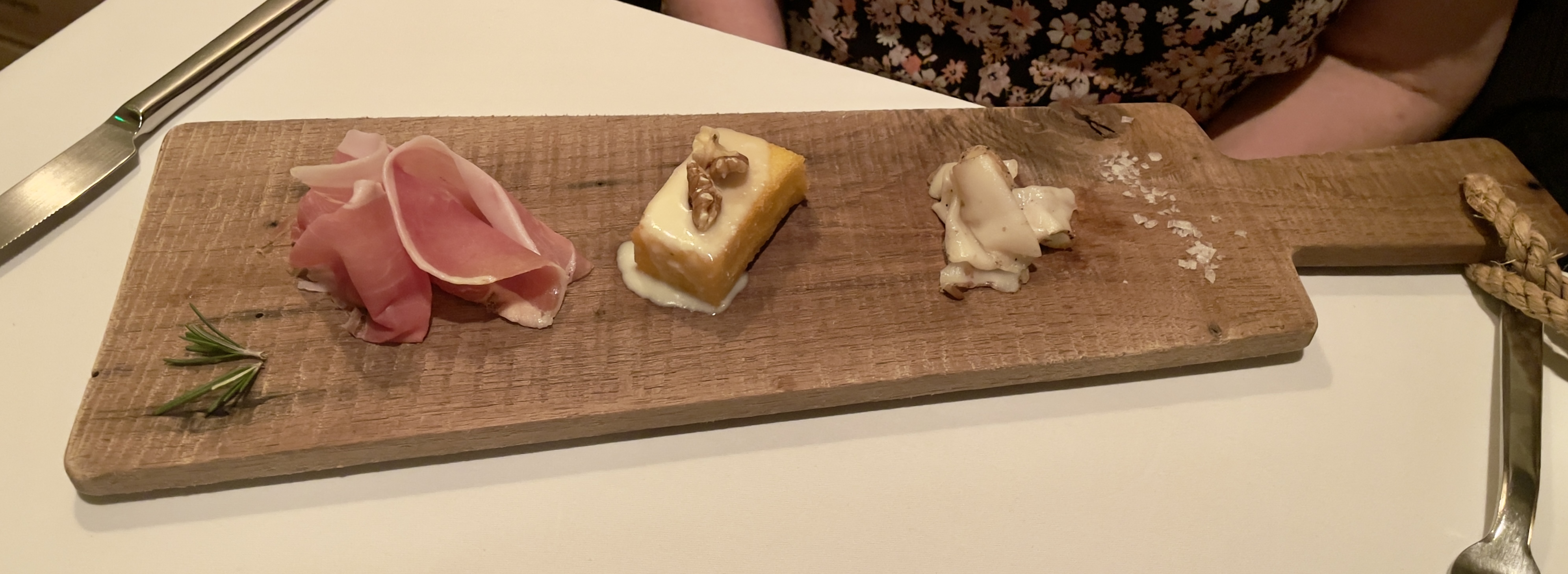 Speck, fried Storo polenta with Monte Veronese aged cheese, and thinly sliced lardo at Veneto Ristorante Italiano.