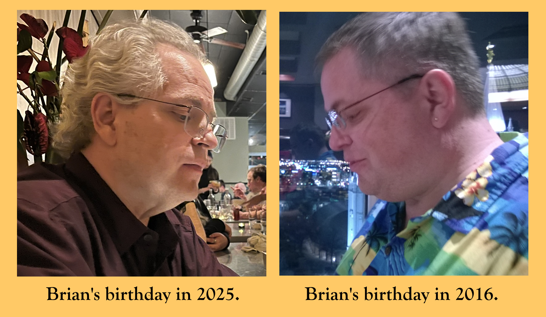 A side-by-side comparison of Brian from birthday photos in 2016 and 2025.