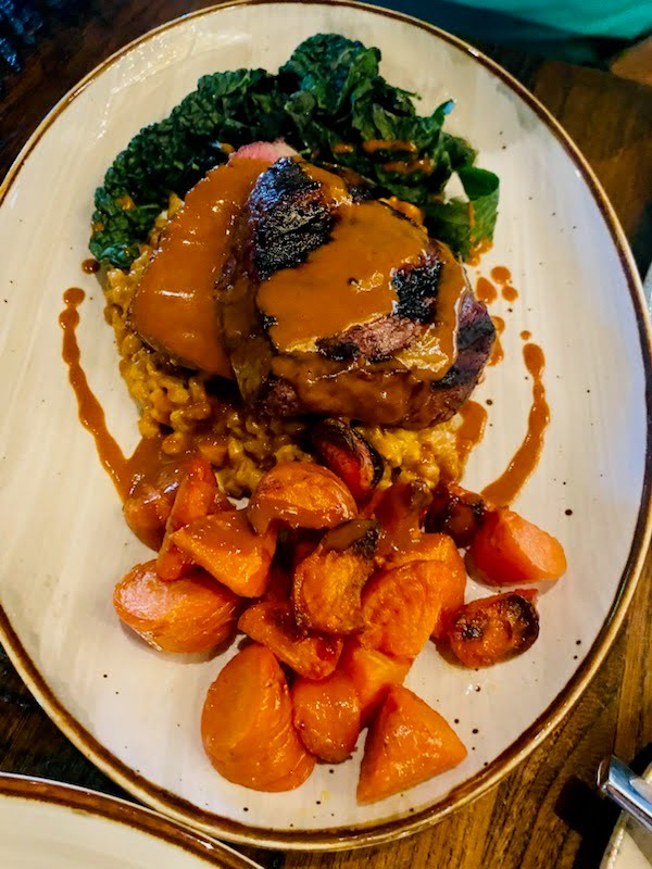 “Beef & Barley”: Grilled Sirloin, Barley Risotto, Gracie’s Greens, Garlic Purée, Seasonal Vegetables